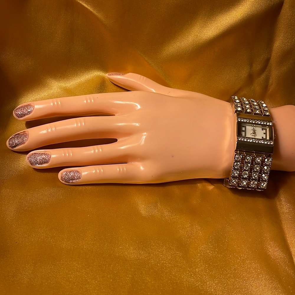 Louis Arden women's watch. Square face with gold accents & rhinestones